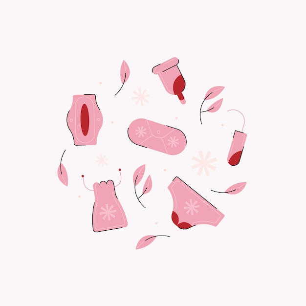 Ilustração vetorial com conjunto de produtos de higiene pessoal ecológicos durante a menstruação