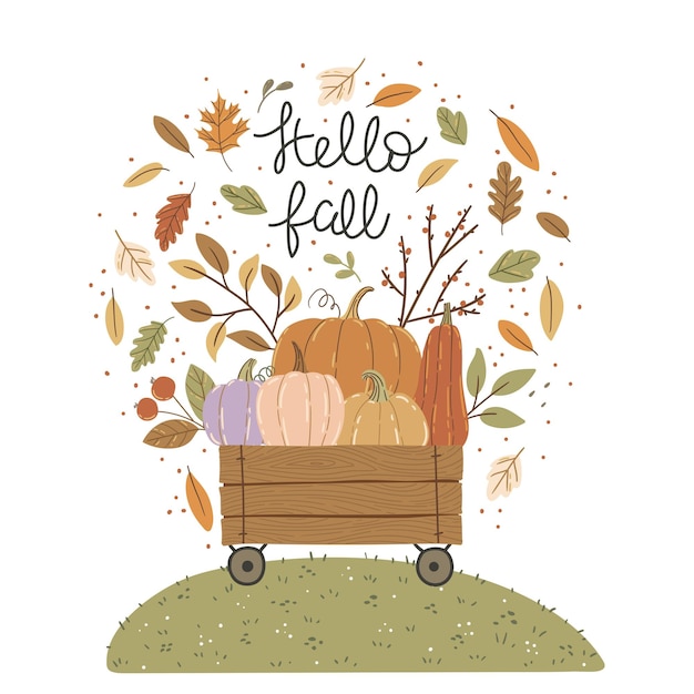 Ilustração vetorial com folhas de outono de carrinho e composição de abóboras para um pôster ou cartão postal