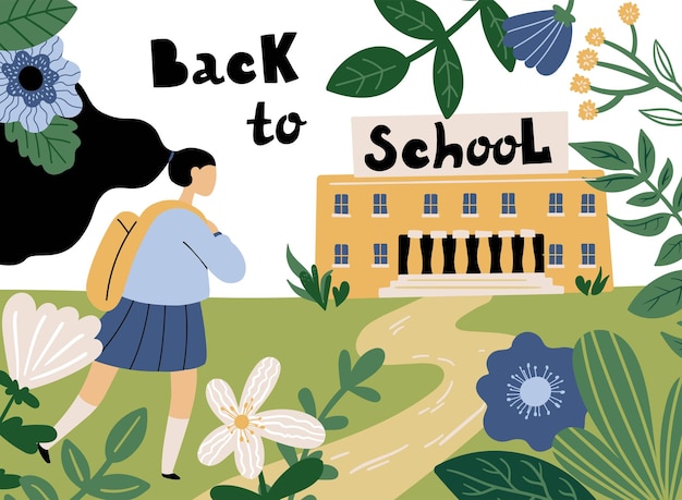 Ilustração vetorial com garota vai para a escola. de volta à escola. quadro floral.