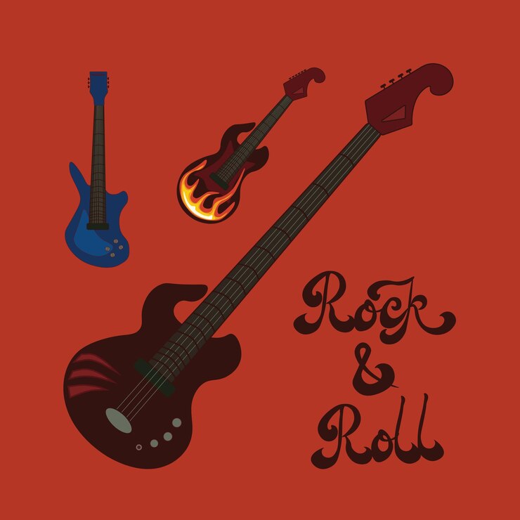Vetor ilustração vetorial com guitarras de banda de rock estilo retrô e letras desenhadas à mão.