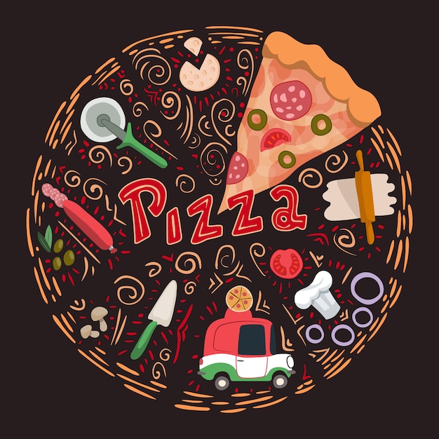 Ilustração vetorial com pizza de mão desenhada e ingrediente