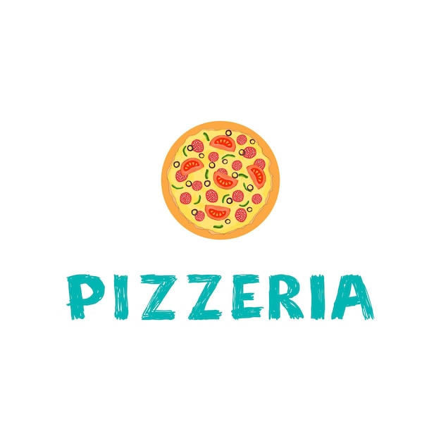 Ilustração vetorial com texto Pizzaria e pizza plana desenhada à mão com tomate e calabresa Ícone ou logotipo para pizzaria de serviço de entrega de pizza ou café de fast food