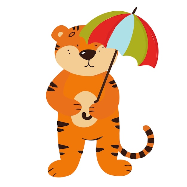 Ilustração vetorial com um tigre segurando um guarda-chuva na chuva. o filhote de tigre está se escondendo da chuva.