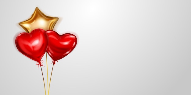 Ilustração vetorial com vários balões de hélio dourado e vermelho, em forma de coração e em forma de estrela, sobre fundo branco