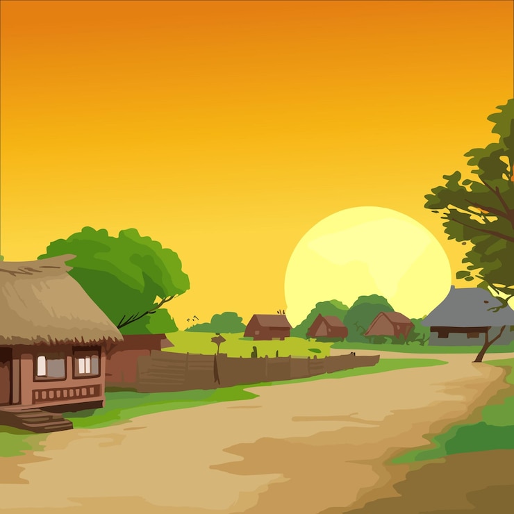 Vetor ilustração vetorial com vista de aldeia exótica com casas e estrada