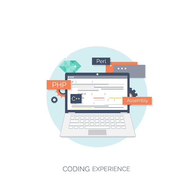 Ilustração vetorial computação plana programação de fundo codificação desenvolvimento web e pesquisa seo