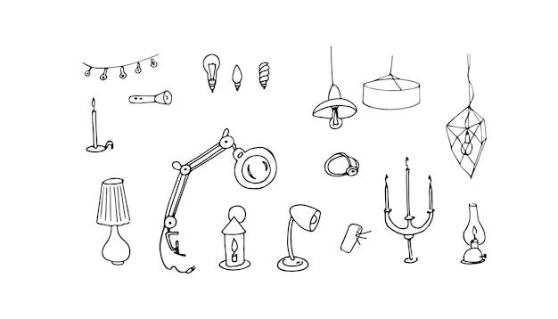 Ilustração vetorial Conjunto com dispositivos de iluminação, lanternas de lâmpadas de desenho à mão