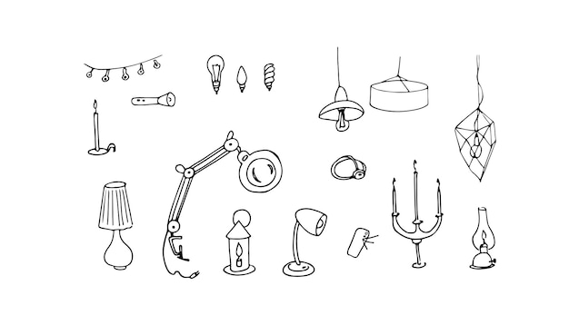 Ilustração vetorial conjunto com dispositivos de iluminação, lanternas de lâmpadas de desenho à mão