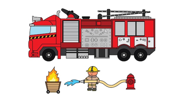 Ilustração vetorial cor crianças carro de bombeiros com clipart de bombeiro