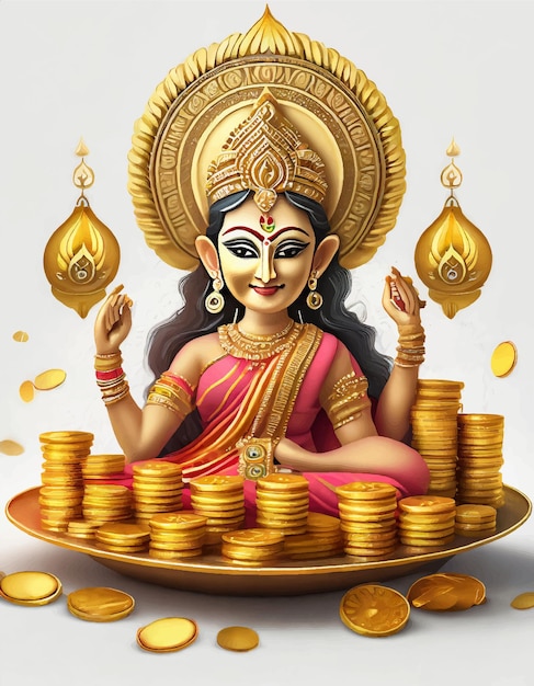 Vetor ilustração vetorial criativa do festival indiano dhanteras com a deusa laxmi com co dourado