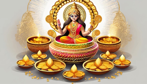Ilustração vetorial criativa do festival indiano dhanteras com a deusa laxmi com co dourado