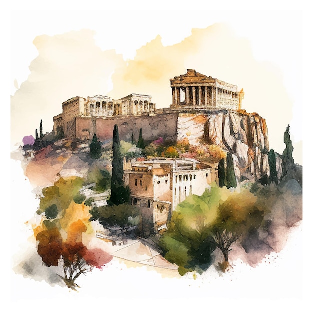 Vetor ilustração vetorial da acrópole de atenas em aquarela