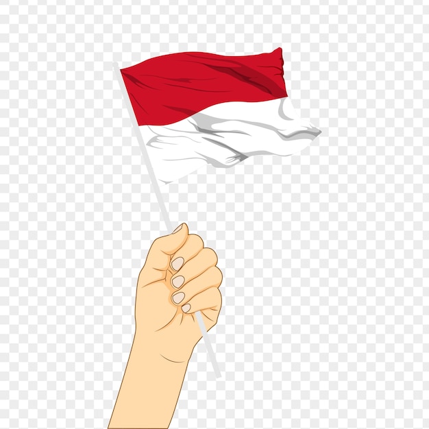 Ilustração vetorial da bandeira da Indonésia na mão em fundo transparente