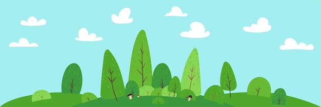 Ilustração vetorial da bela floresta de paisagem de verão, cogumelos, árvores, arbustos, colina verde, azul
