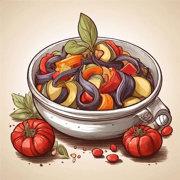 Vetor ilustração vetorial da deliciosa ratatouille da culinária francesa desenhada à mão