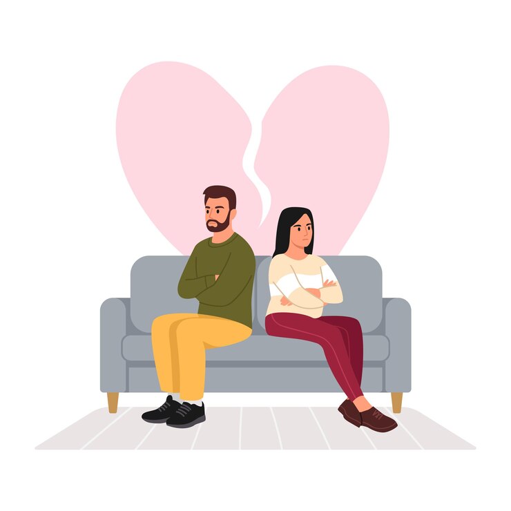 Vetor ilustração vetorial da desordem familiar cena de desenho animado de um homem e uma mulher sentados em um sofá afastados um do outro coração quebrado isolado em um fundo branco o amor na família desapareceu