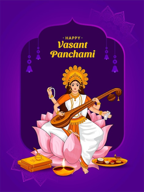 Vetor ilustração vetorial da deusa da sabedoria maa saraswati para a celebração do festival indiano vasant panchami