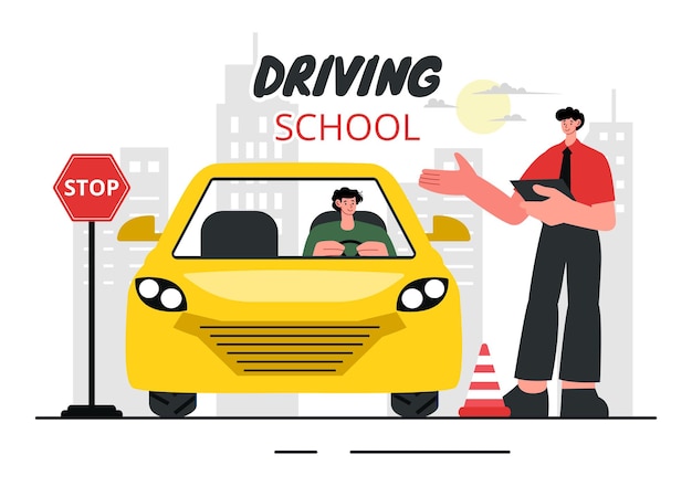 Ilustração vetorial da escola de condução com o processo educacional de treinamento de carro e aprendizagem de condução Obter uma licença de condução 39s em um fundo