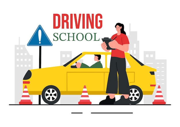 Ilustração vetorial da escola de condução com o processo educacional de treinamento de carro e aprendizagem de condução Obter uma licença de condução 39s em um fundo