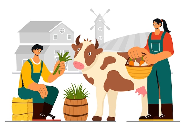 Ilustração vetorial da fazenda familiar com uma mãe e um pai trabalhando em uma fazenda em uma paisagem rural com um fundo de desenho animado de estilo plano