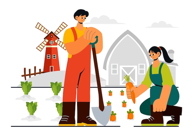 Ilustração vetorial da fazenda familiar com uma mãe e um pai trabalhando em uma fazenda em uma paisagem rural com um fundo de desenho animado de estilo plano