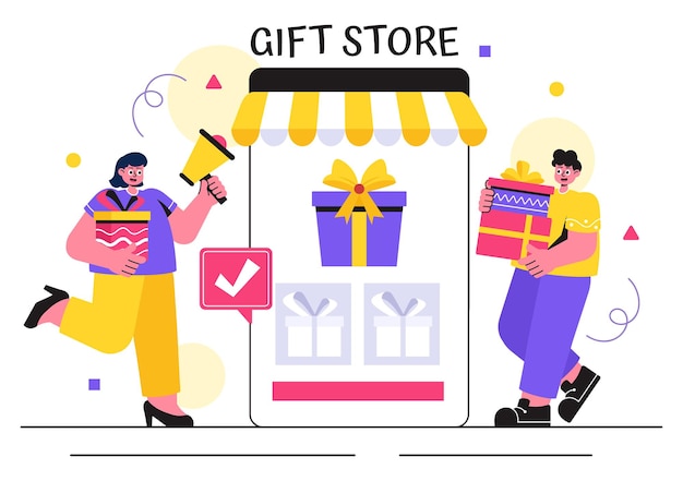 Ilustração vetorial da loja de presentes com caixas de presentes embrulhadas com fitas e confete perfeitas para surpreender seus amigos em um fundo de estilo plano