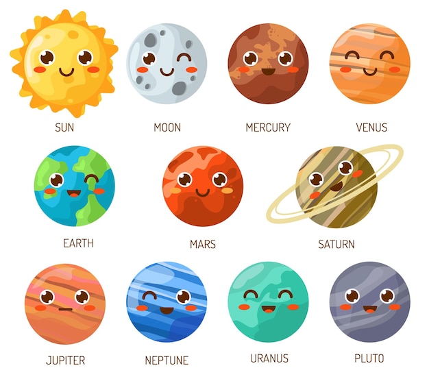 Vetor ilustração vetorial da lua, do sol e do planeta terra no estilo kawaii para crianças