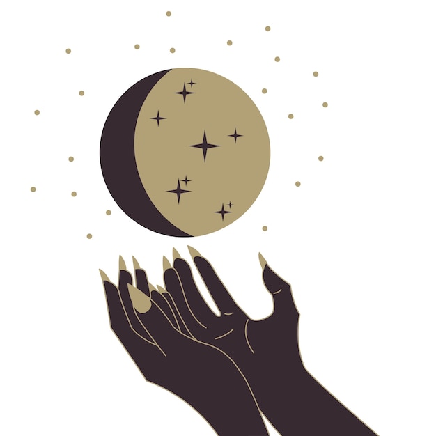 Ilustração vetorial da mão feminina segurando a lua e as estrelas Planetas lua sol e estrelas