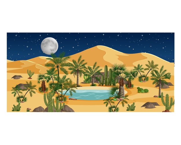 Ilustração vetorial da paisagem do oásis do deserto à noite