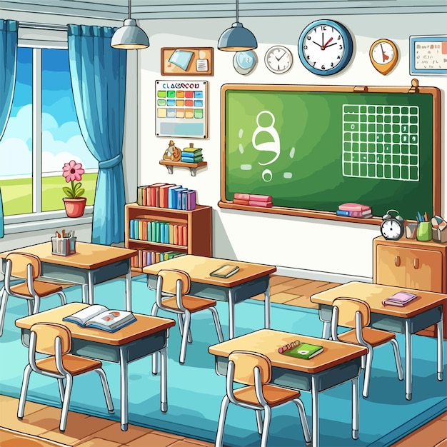 Vetor ilustração vetorial da sala de aula de volta à escola depois das férias sala de aula de desenho animado
