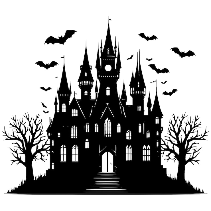 Vetor ilustração vetorial da silhueta do antigo castelo assombrado isolada em um fundo branco