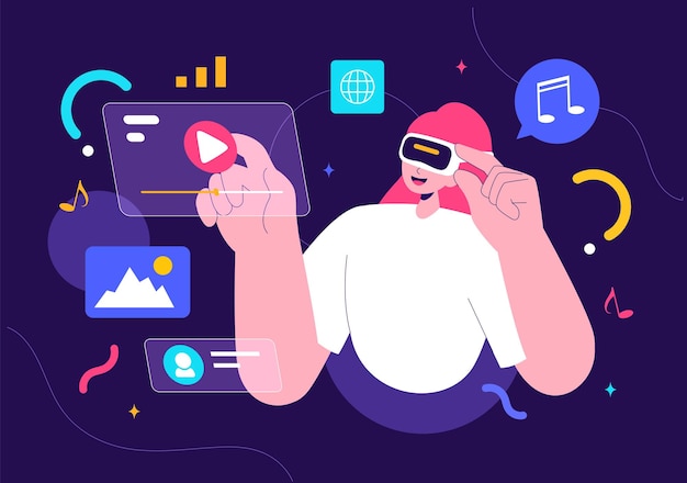 Ilustração vetorial da tecnologia de realidade virtual digital Metaverse com uma pessoa usando óculos VR para inovação e comunicação futuras