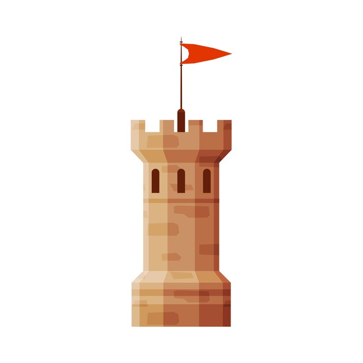 Vetor ilustração vetorial da torre do castelo com elemento de bandeira de fortaleza de pedra medieval