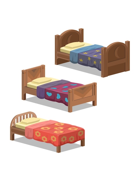 Ilustração vetorial de 3 camas de solteiro com diferentes cobertores e padrões