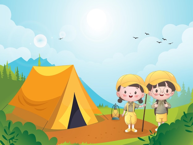 Ilustração vetorial de acampamento de menino e menina bonitinho