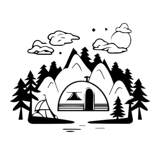 Ilustração vetorial de acampamento em preto e branco
