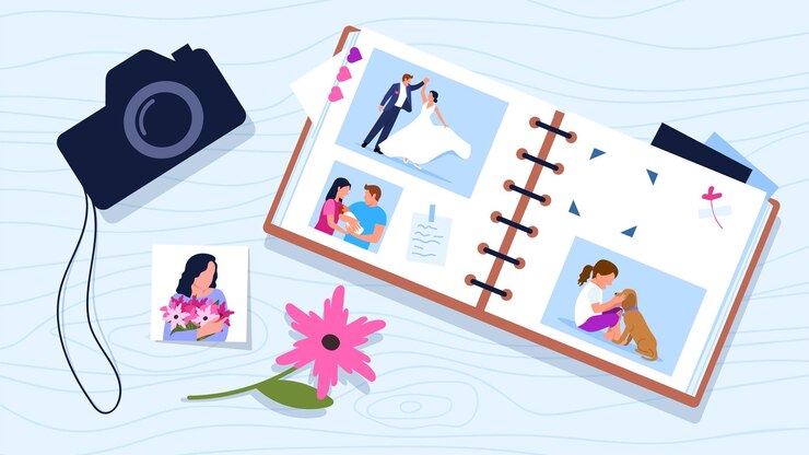 Vetor ilustração vetorial de álbum de fotos imagem de desenho animado com álbum de fotos com diferentes fotos como crianças de casamento com flores e câmera no lado sobre um fundo de madeira