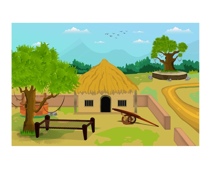 Vetor ilustração vetorial de aldeia com árvores e frente de grande terreno de campo natural