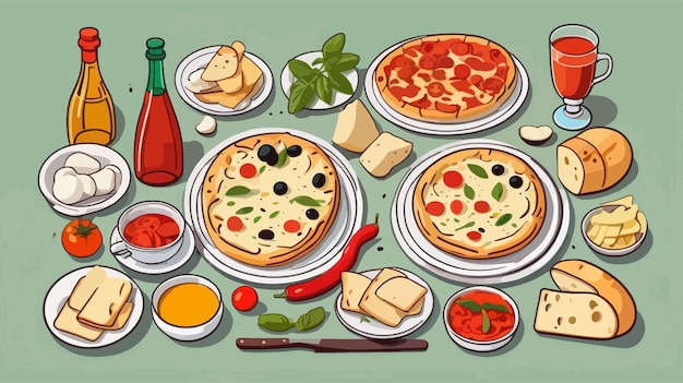 Ilustração vetorial de alimentos variados espalhados em uma tabela 2d