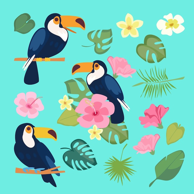 Vetor ilustração vetorial de animal selvagem com coleção de flores e folhas em estilo de desenho animado fofo