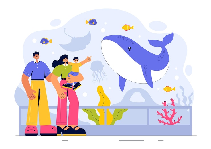 Vetor ilustração vetorial de aquário com uma cena subaquática com observação de peixes, animais marinhos e várias flora e fauna marinhas em fundo
