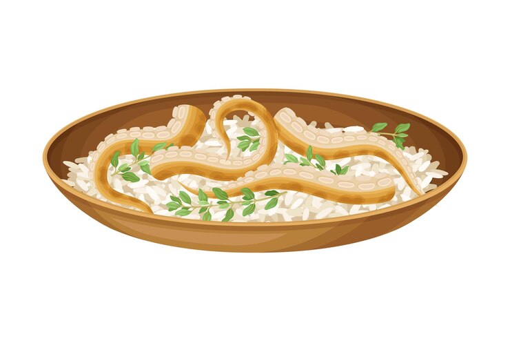 Vetor ilustração vetorial de arroz com polvo e ervas como prato de frutos do mar