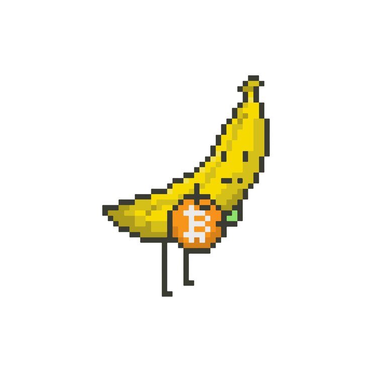 Vetor ilustração vetorial de arte de pixel de 8 bits com uma banana bonita segurando uma moeda de criptomoeda