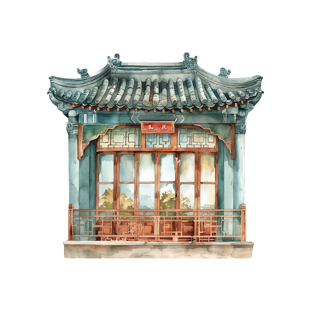 Ilustração vetorial de arte tradicional chinesa em janela em estilo aquarela