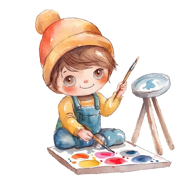 Vetor ilustração vetorial de artista de criança bonita em estilo aquarela