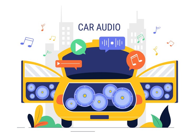 Vetor ilustração vetorial de áudio de carro com um sistema de som de alto-falantes de carro musical e automóvel de música em um fundo de desenho animado de estilo plano
