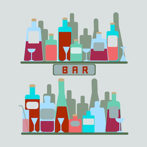 Ilustração vetorial de bar imagem de garrafas e copos de álcool design de cartazes interiores de cafés bares estilo retrô