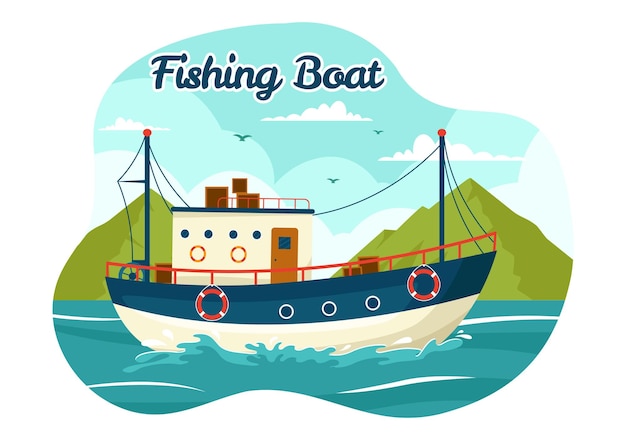 Ilustração vetorial de barco de pesca com pescadores caçando peixes usando navios no mar em design de fundo de desenho animado plano