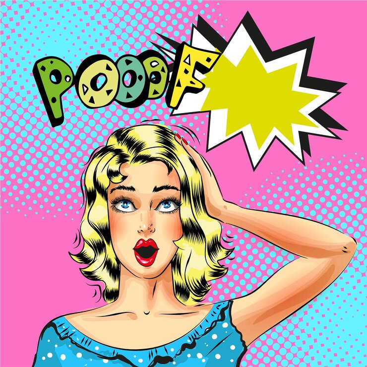 Vetor ilustração vetorial de bela mulher loira com bolha de fala pooof menina pinup sexy em estilo cômico de arte pop retrô