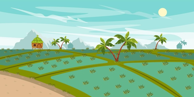 Vetor ilustração vetorial de belos campos de arroz cartoon paisagem de montanhas com plantações de arroz palmeiras cabanas de madeira